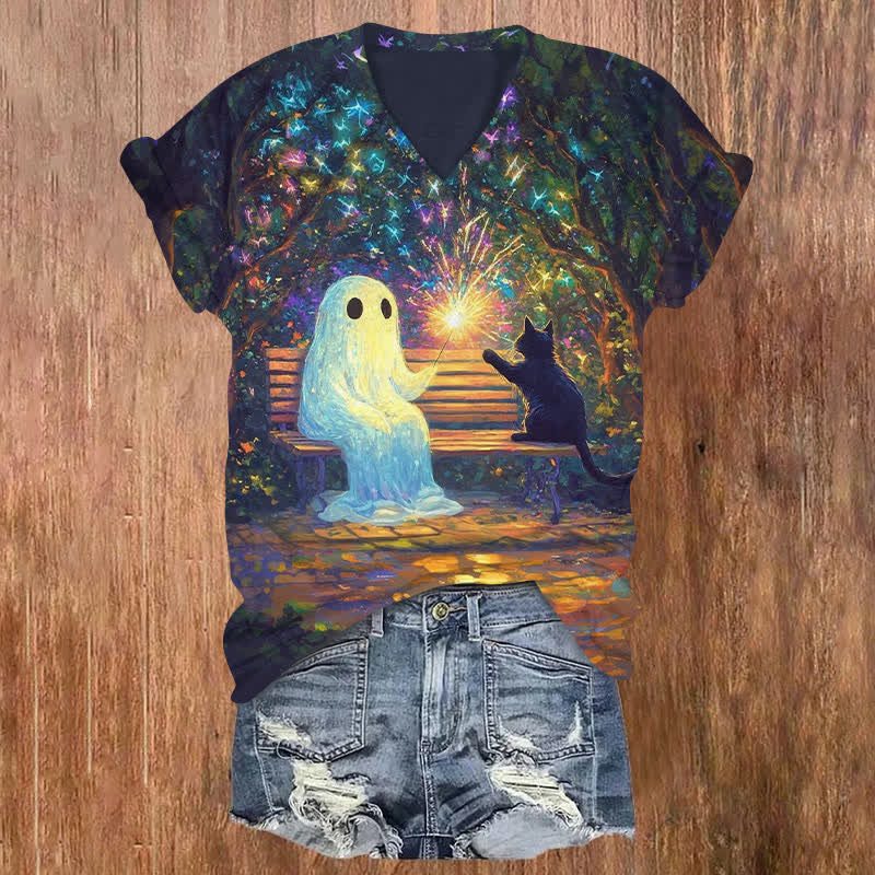 Ghost And Cat Setting Off Fireworks On A Chair Halloween Print V-neck T-shirt - Purple - US32-34(5XL) - image 1
