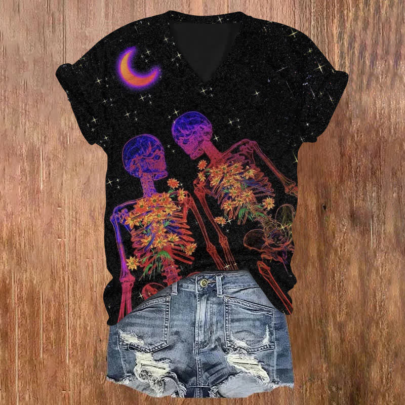 Floral Skull Under The Starry Sky Halloween Print V-neck T-shirt - Black - US32-34(5XL) - image 1