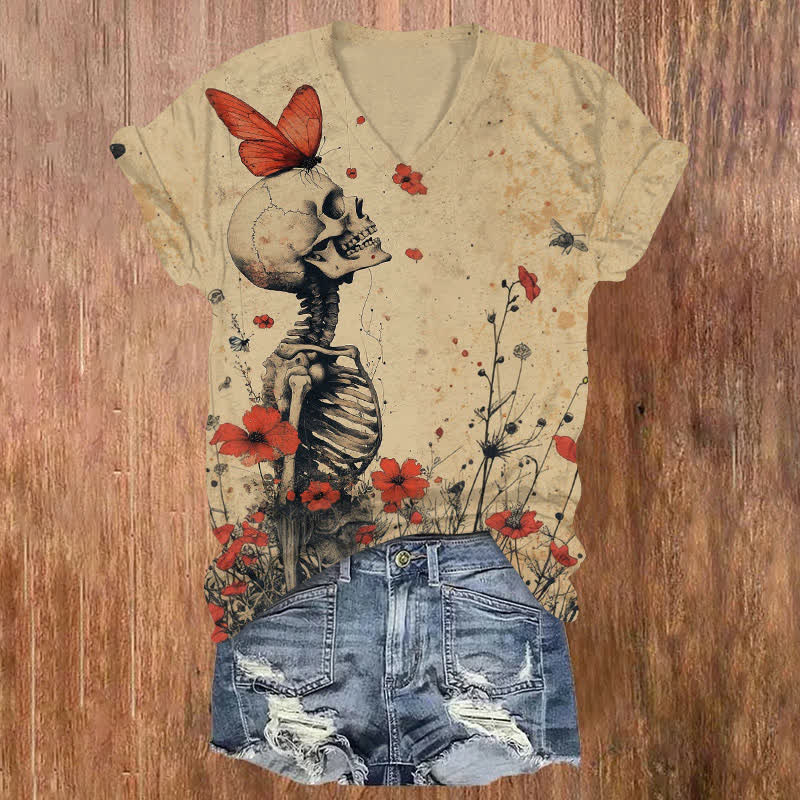 Butterfly Skull Among Flowers Halloween Print V-neck T-shirt - Khaki - US32-34(5XL) - image 1