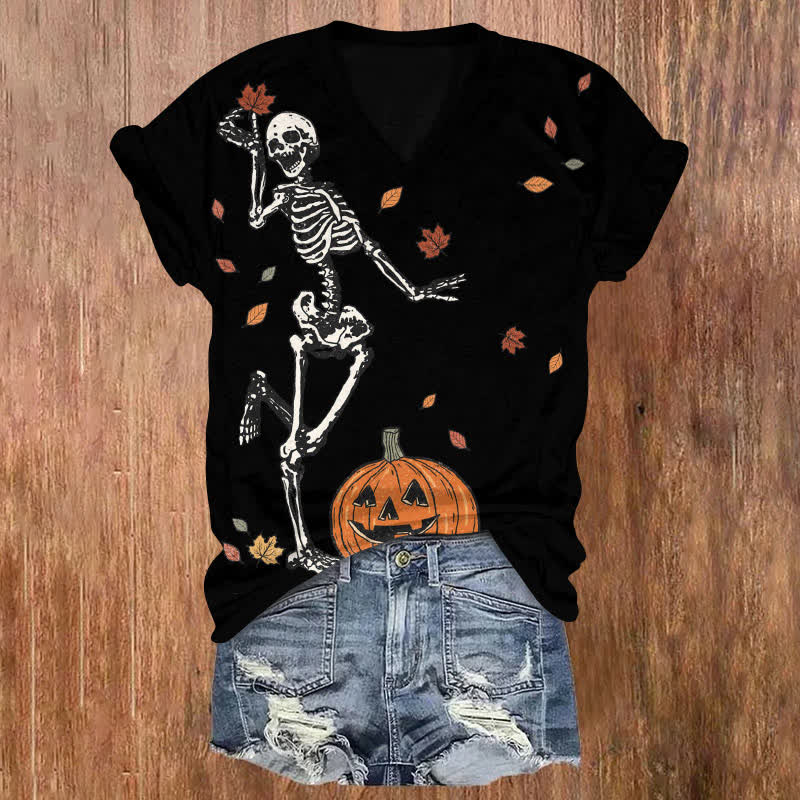 Happy Pumpkin Skull Halloween Print V-neck T-shirt - Black - US32-34(5XL) - image 1