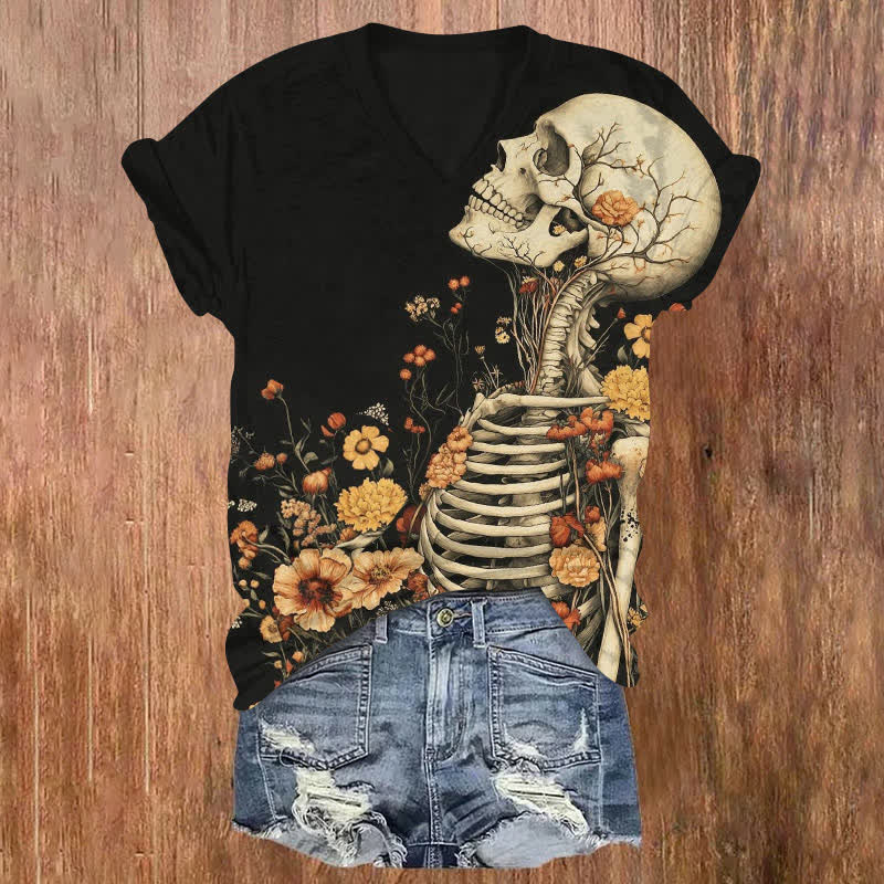 Floral Skull Halloween Print V-neck T-shirt - Black - US32-34(5XL) - image 1