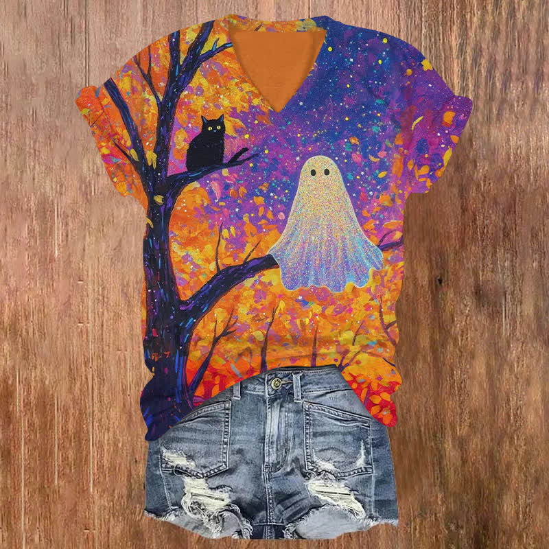 Ghost And Cat Sitting On A Branch Halloween Print V-neck T-shirt - Orange - US32-34(5XL) - image 1
