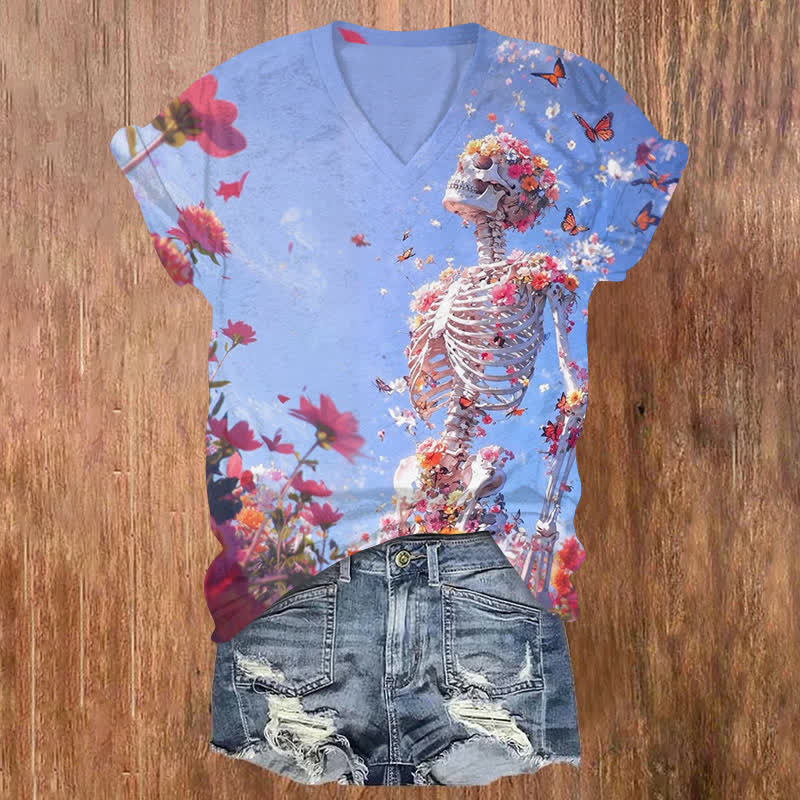 Floral Skull Under Blue Sky Halloween Print V-neck T-shirt - Blue - US32-34(5XL) - image 1