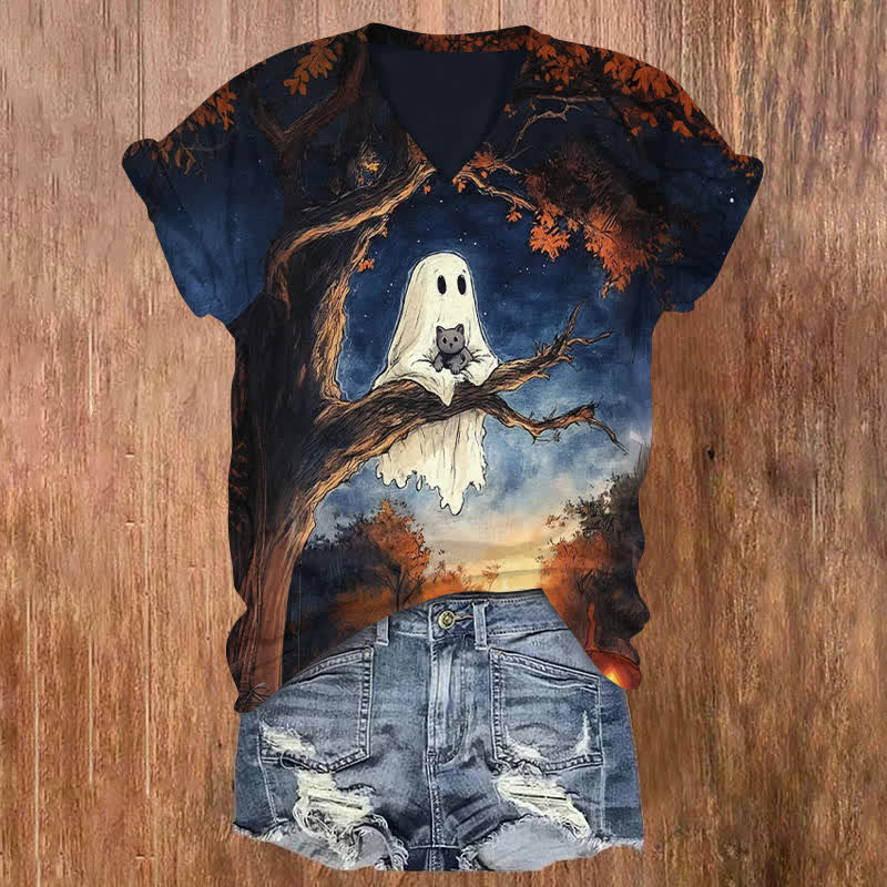 Ghost Holding Cat On A Tree Branch Halloween Print V-neck T-shirt - Dark Blue - US32-34(5XL) - image 1