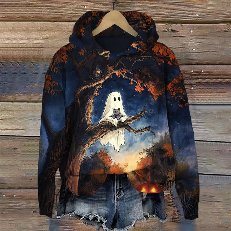 Ghost Holding Cat On A Tree Branch Halloween Print Long Sleeve Hoodie - Dark Blue - US44-46(8XL) - image 1