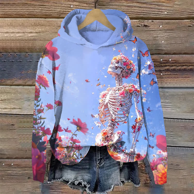 Floral Skull Under Blue Sky Halloween Print Long Sleeve Hoodie - Blue - US44-46(8XL) - image 1