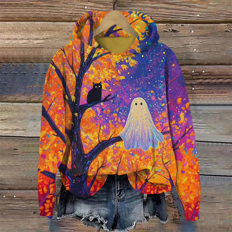 Ghost And Cat Sitting On A Branch Halloween Long Sleeve Hoodie - Orange - US44-46(8XL) - image 1