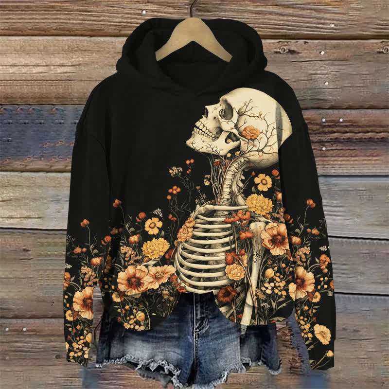 Floral Skull Halloween Print Long Sleeve Hoodie - Black - US44-46(8XL) - image 1