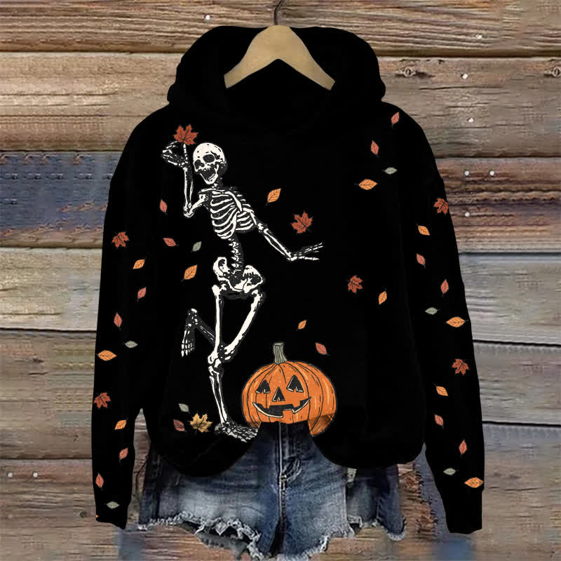 Happy Pumpkin Skull Halloween Print Long Sleeve Hoodie - Black - US44-46(8XL) - image 1
