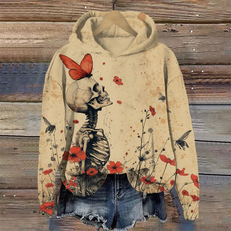 Butterfly Skull Among Flowers Halloween Print Long Sleeve Hoodie - Khaki - US44-46(8XL) - image 1