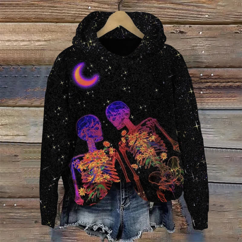 Floral Skull Under The Starry Sky Halloween Print Long Sleeve Hoodie - Black - US44-46(8XL) - image 1