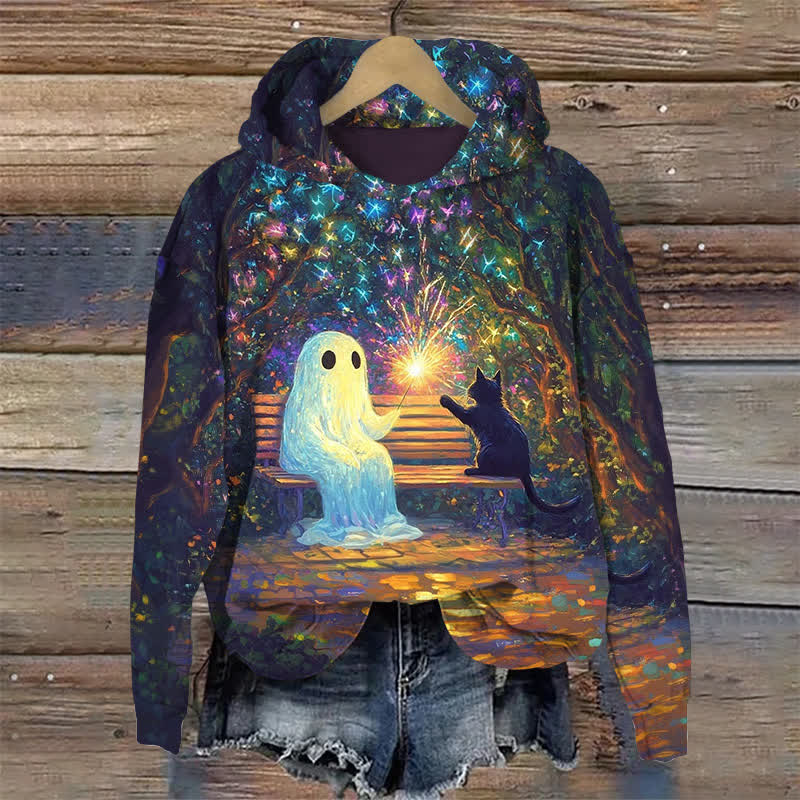 Ghost And Cat Setting Off Fireworks On A Chair Halloween Print Long Sleeve Hoodie - Purple - US44-46(8XL) - image 1