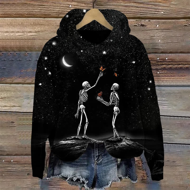 Skeleton Catching Butterflies Under The Starry Sky Halloween Print Long Sleeve Hoodie - Black - US44-46(8XL) - image 1