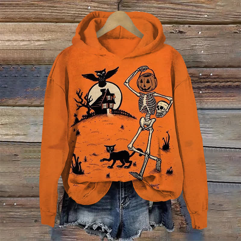 Funny Pumpkin Skull Halloween Print Long Sleeve Hoodie - Orange - US44-46(8XL) - image 1