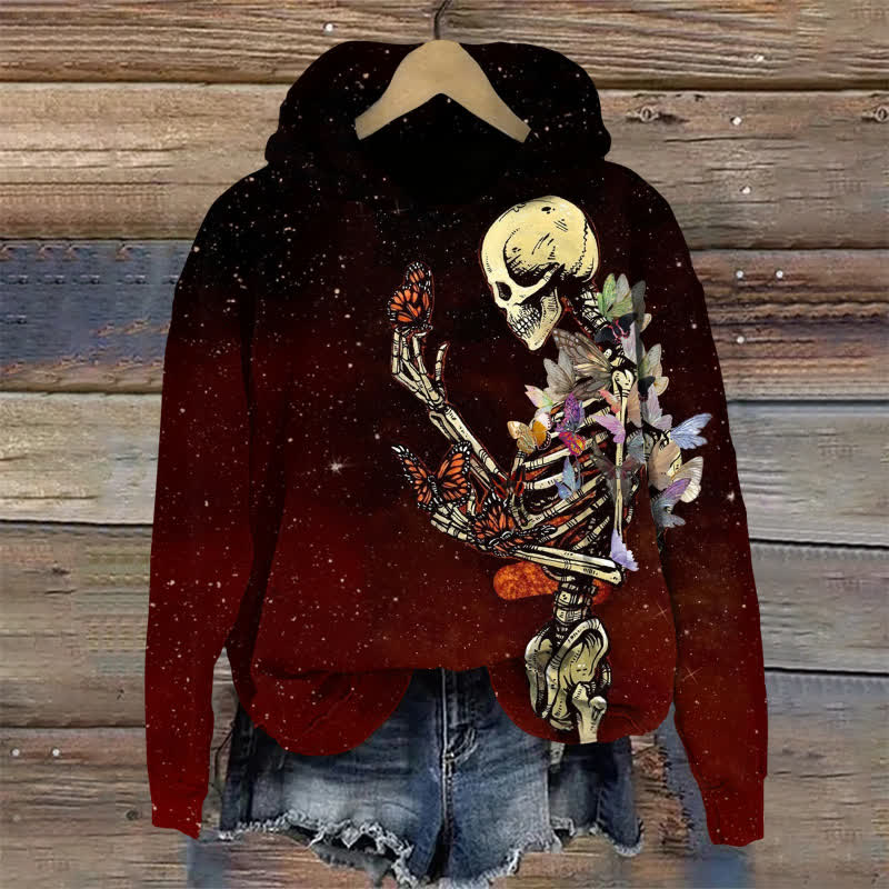 Floral Skull Gazing At Butterflies Halloween Print Long Sleeve Hoodie - Red - US44-46(8XL) - image 1