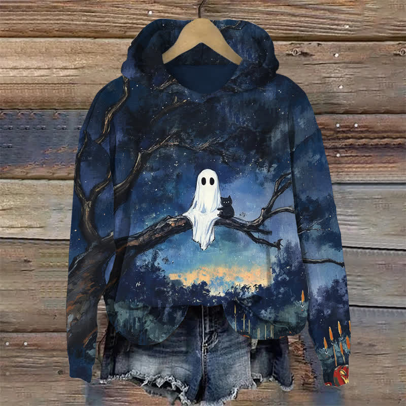Ghost And Cat Sitting On A Branch Halloween Long Sleeve Hoodie - Blue - US44-46(8XL) - image 1