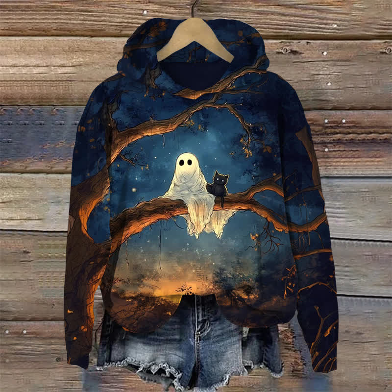 Ghost And Cat Sitting On A Branch Halloween Long Sleeve Hoodie - Blue - US44-46(8XL) - image 1