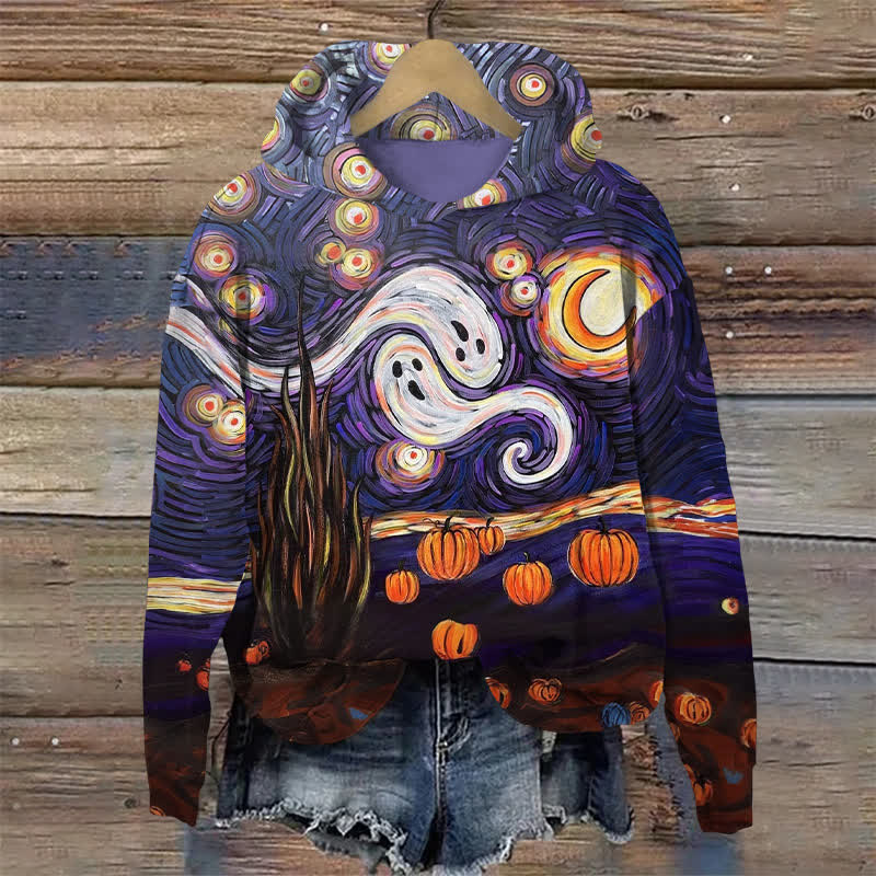 Ghost Scream Halloween Print Long Sleeve Hoodie - Purple - US44-46(8XL) - image 1