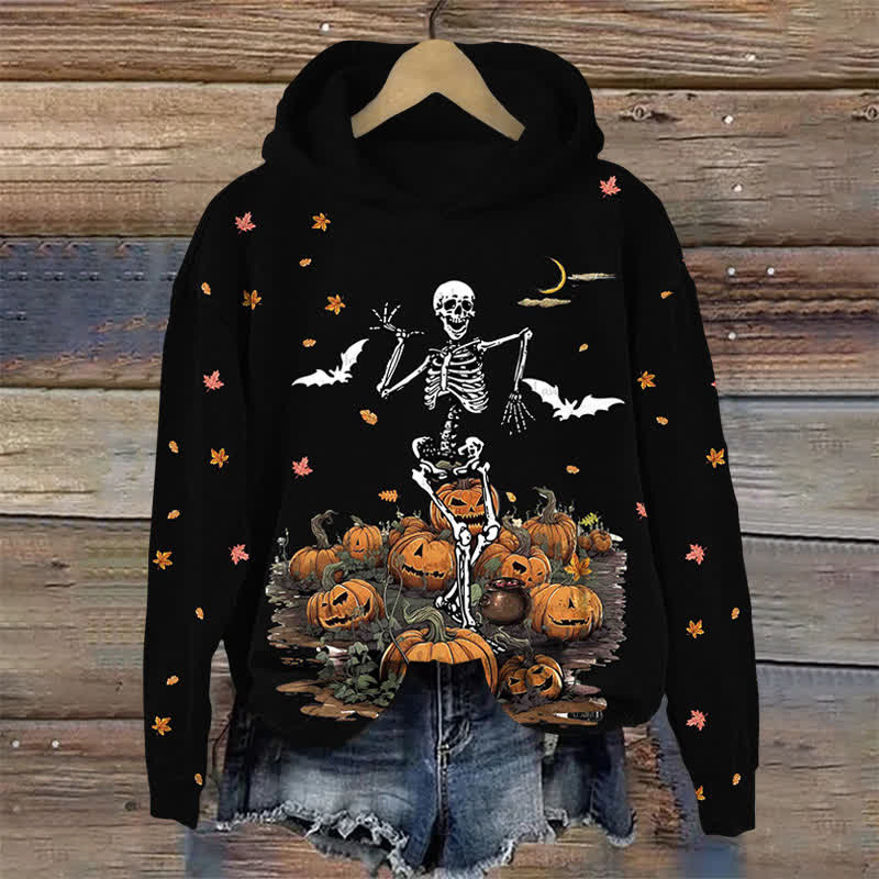 Halloween Skeleton Dancing In The Pumpkin Patch Print Long Sleeve Hoodie - Black - US44-46(8XL) - image 1