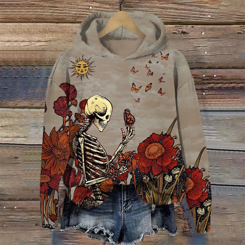 Skeleton Butterfly In Flowers Halloween Print Long Sleeve Hoodie - Grey - US44-46(8XL) - image 1