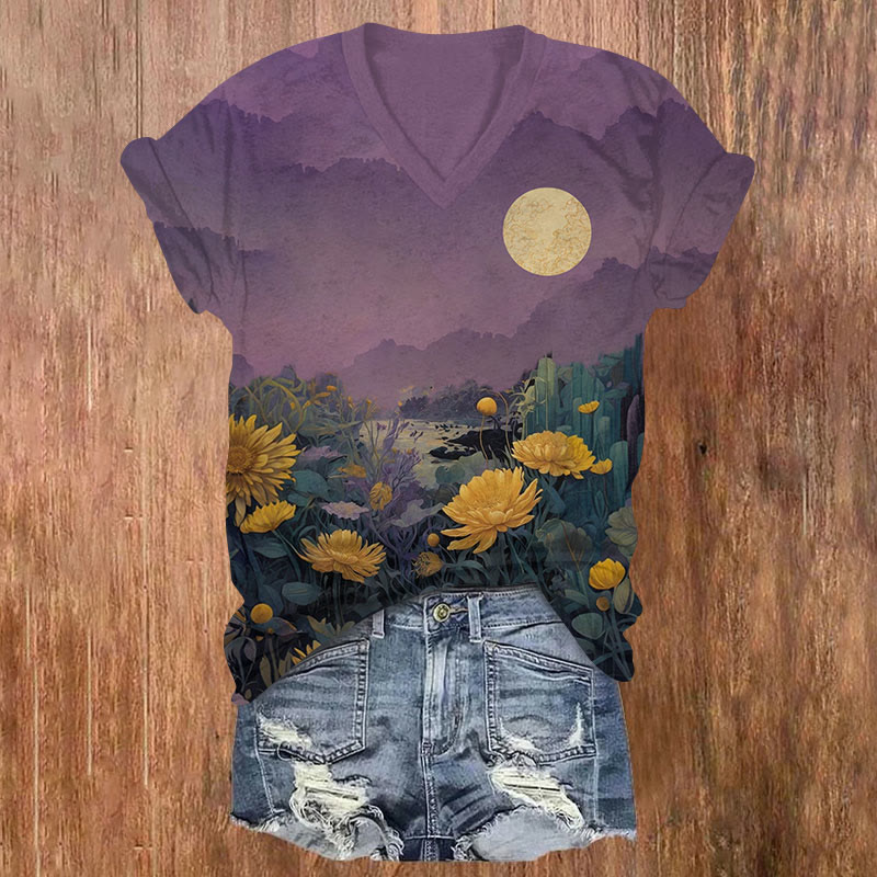 Flower & Moon Print V-neck T-shirt - Purple - US32-34(5XL) - image 1
