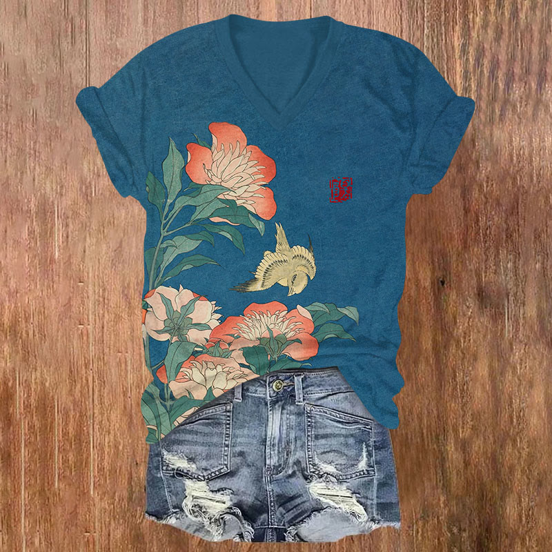 Flower Print v-neck T-Shirt - Blue - US32-34(5XL) - image 1