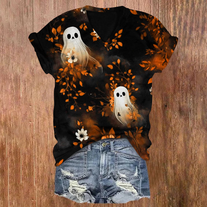 Ghost In The Flowers Halloween Print V-neck T-shirt - Orange - US32-34(5XL) - image 2