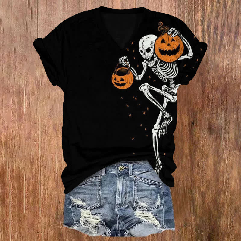Dancing Skeleton Holding A Pumpkin Halloween Print V-neck T-shirt - Black - US32-34(5XL) - image 1