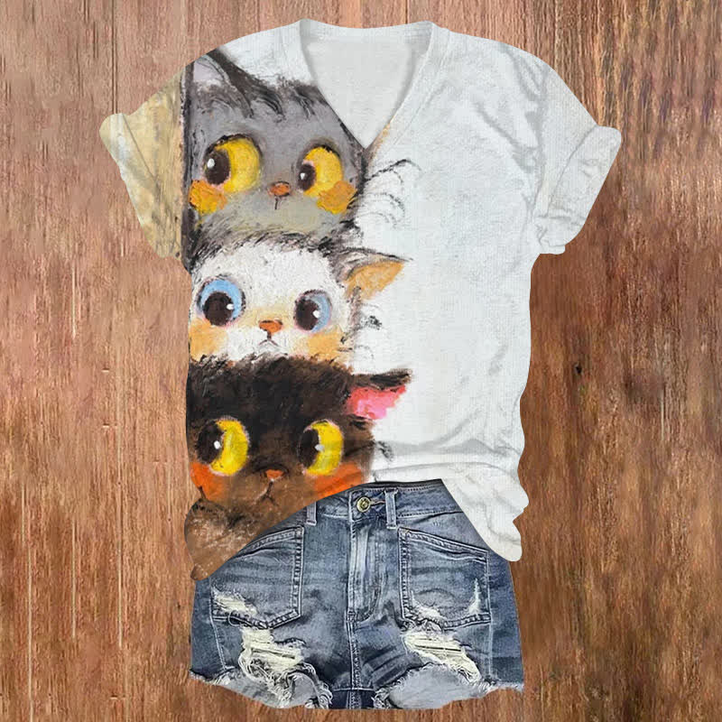 Peeking Cats Oil Painting Print V-neck T-shirt - Light Gray - US32-34(5XL) - image 1