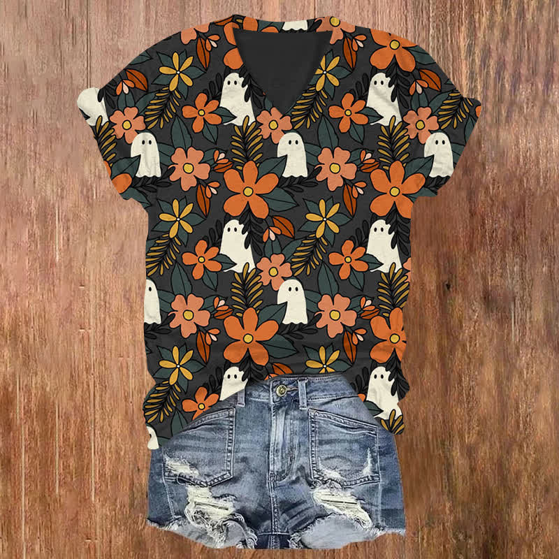 Ghost In The Flowers Halloween Print V-neck T-shirt - Dark Green - US32-34(5XL) - image 1