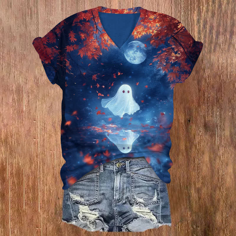 Ghost Under The Maple Tree Halloween Print V-neck T-shirt - Blue - US32-34(5XL) - image 1