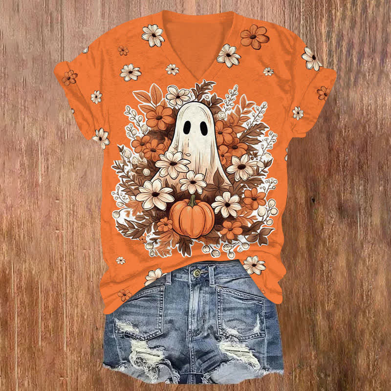 Ghost In The Bouquet Halloween Print V-neck T-shirt - Orange - US32-34(5XL) - image 1