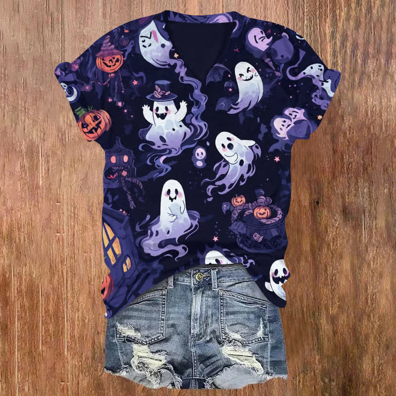 Funny Witch Ghost Halloween Print V-neck T-shirt - Purple - US32-34(5XL) - image 1