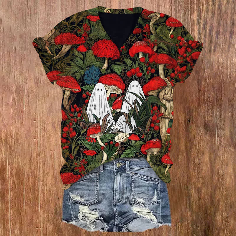 Ghost In The Mushrooms Halloween Print V-neck T-shirt - Red - US32-34(5XL) - image 1