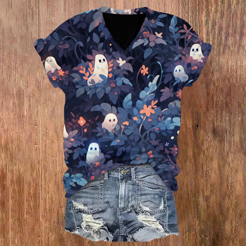 Ghost In The Leaves Halloween Print V-neck T-shirt - Blue - US32-34(5XL) - image 1