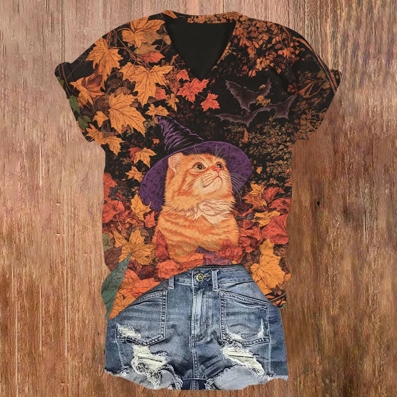 Witch Cat Under The Maple Tree Halloween Print V-neck T-shirt - Orange - US32-34(5XL) - image 1