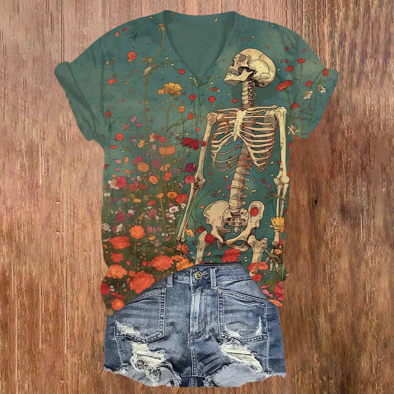 Skeleton Standing In Flowers Halloween Print V-neck T-shirt - Green - US32-34(5XL) - image 1