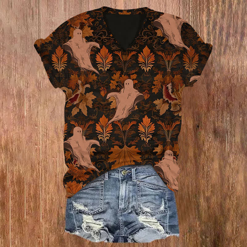 Ghost In The Maple Leaves Halloween Print V-neck T-shirt - Orange - US32-34(5XL) - image 1