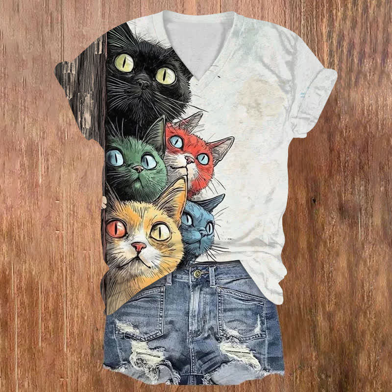 A Group Of Cute Cats Print V-neck T-shirt - White - US32-34(5XL) - image 1