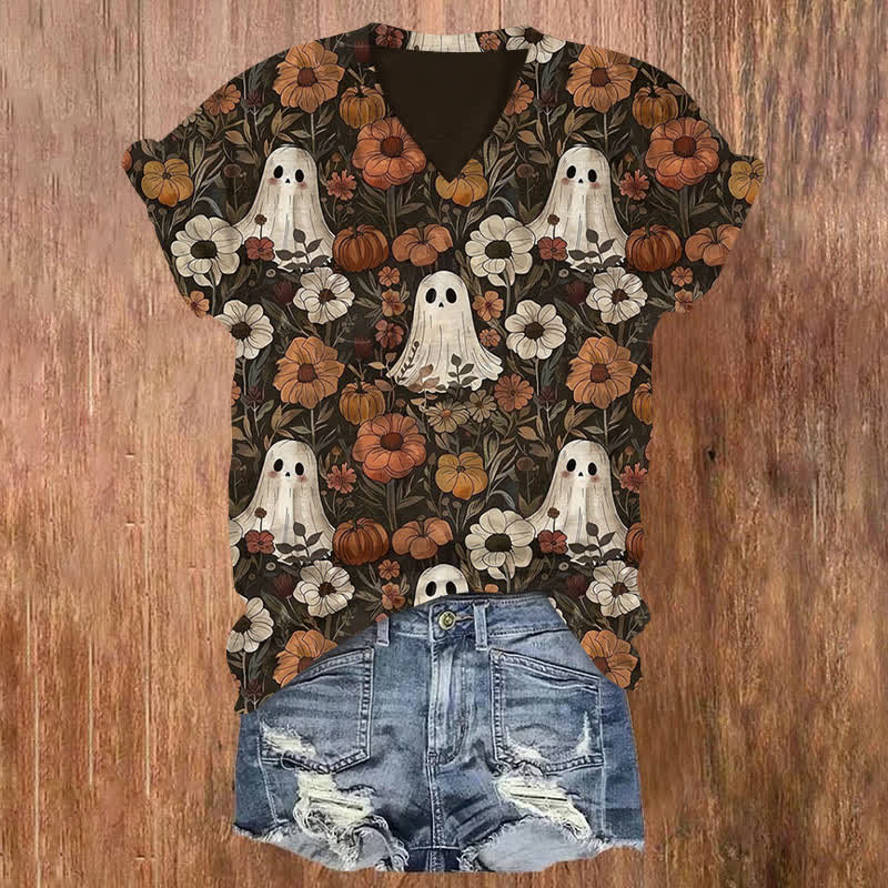 Vintage Ghost In Flowers Halloween Print V-neck T-shirt - Brown - US32-34(5XL) - image 1