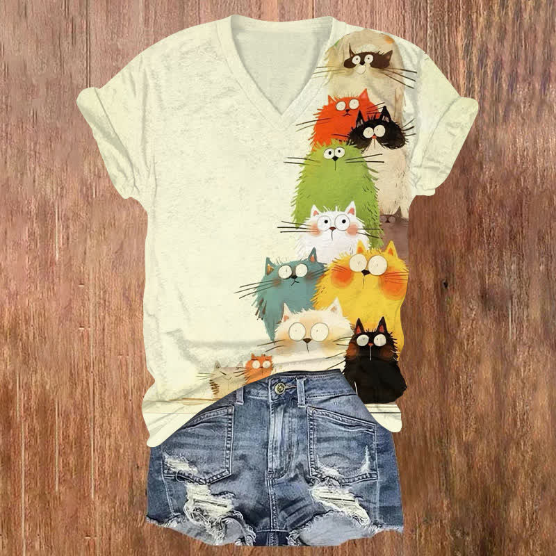 Layers Of Cute Cats Print V-neck T-shirt - Beige - US32-34(5XL) - image 1