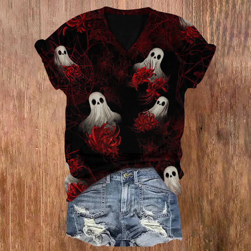 Ghost In The Red Spider Lily Halloween Print V-neck T-shirt - Red - US32-34(5XL) - image 1