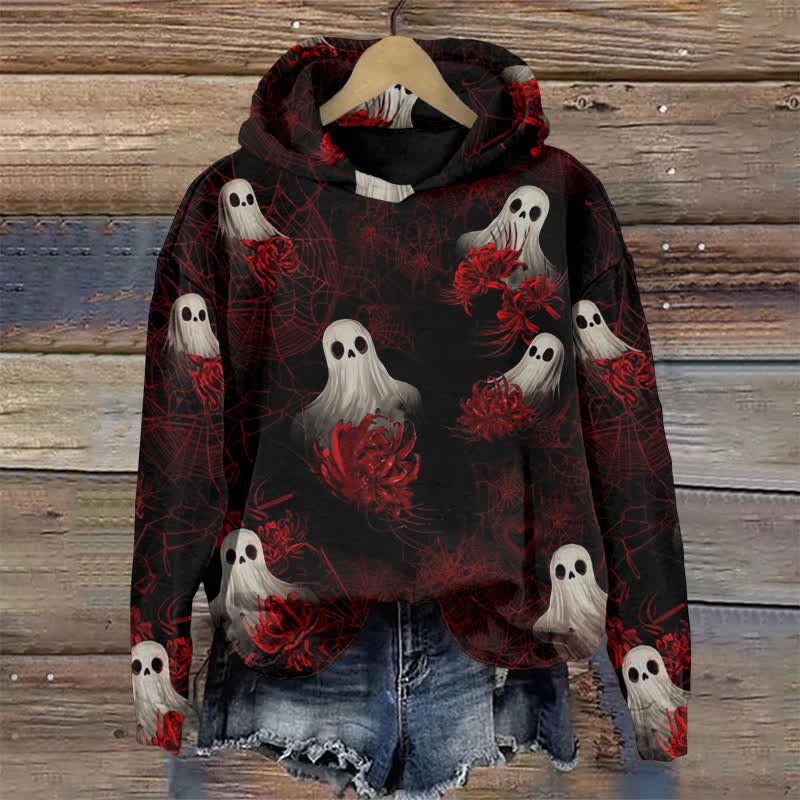 Ghost In The Red Spider Lily Halloween Print Long Sleeve Hoodie - Red - US44-46(8XL) - image 1