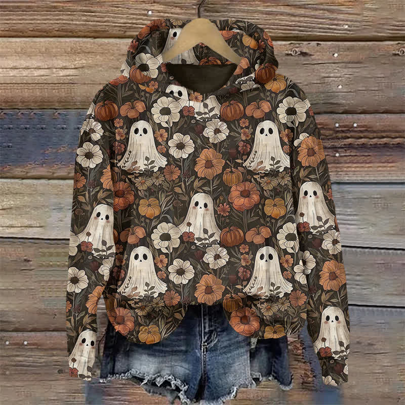 Vintage Ghost In Flowers Halloween Print Long Sleeve Hoodie - Brown - US44-46(8XL) - image 1