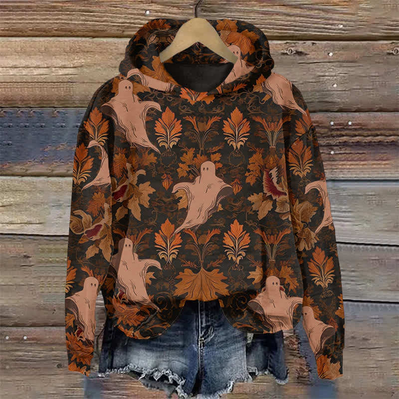 Ghost In The Maple Leaves Halloween Print Long Sleeve Hoodie - Orange - US44-46(8XL) - image 1