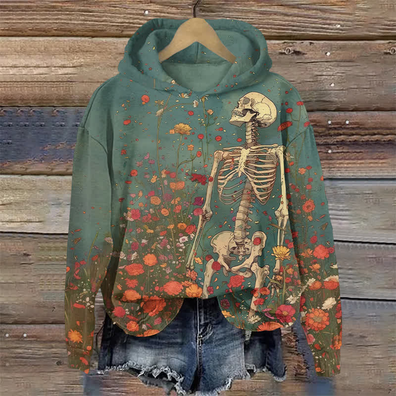 Skeleton Standing In Flowers Halloween Print Long Sleeve Hoodie - Green - US44-46(8XL) - image 1