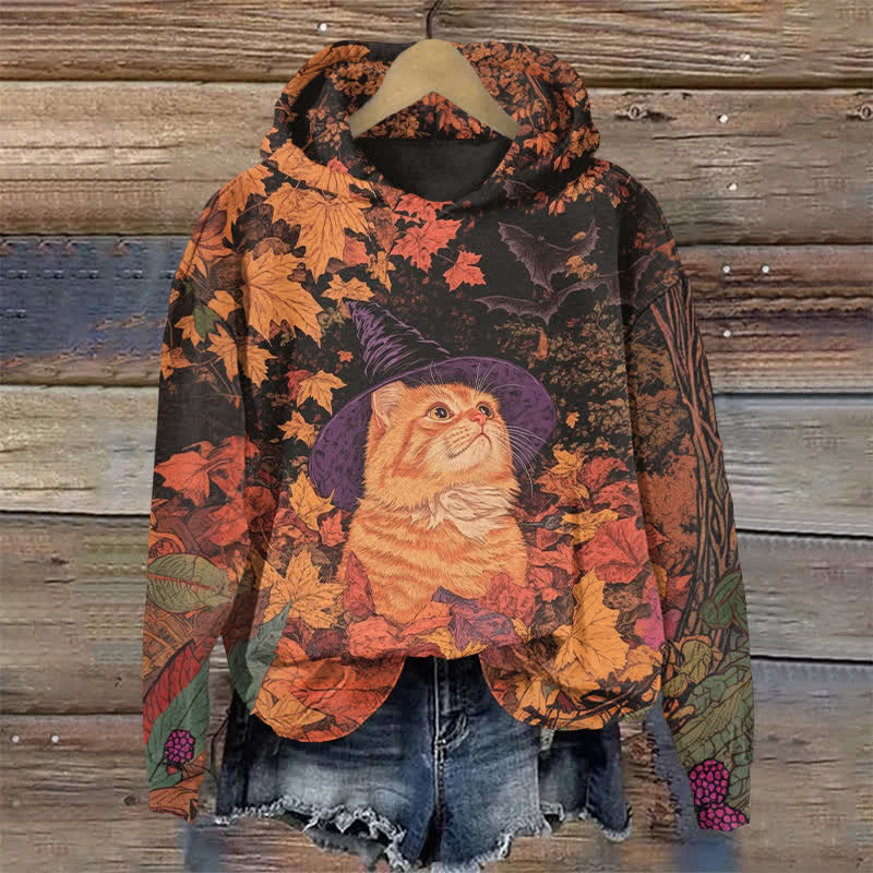 Witch Cat Under The Maple Tree Halloween Print Long Sleeve Hoodie - Orange - US44-46(8XL) - image 1