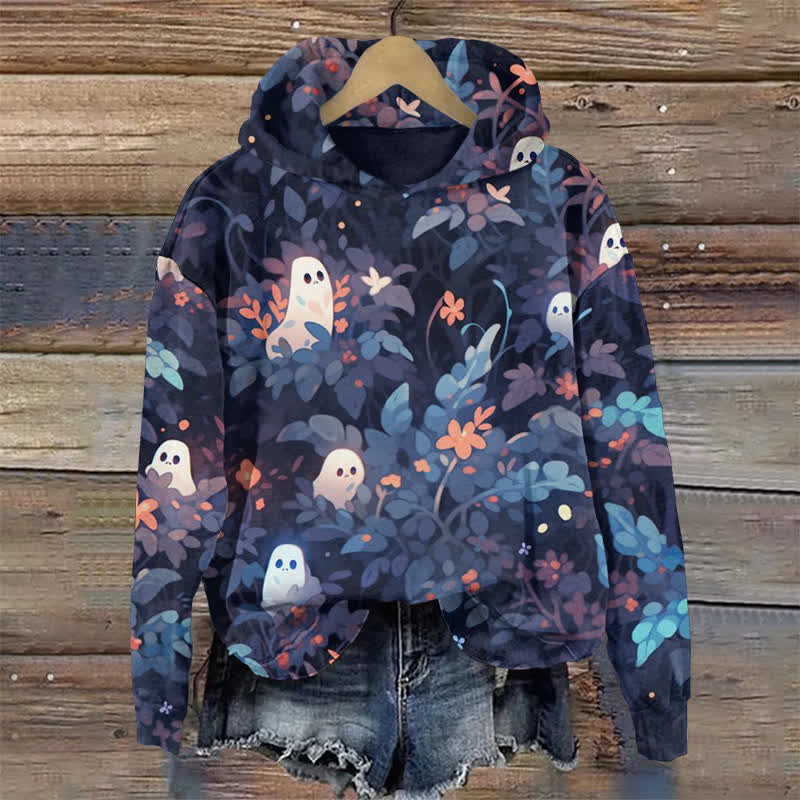 Ghost In The Leaves Halloween Print Long Sleeve Hoodie - Blue - US44-46(8XL) - image 1