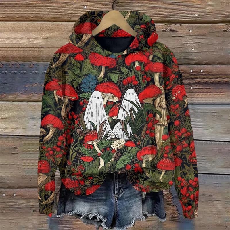 Ghost In The Mushrooms Halloween Print Long Sleeve Hoodie - Green - US44-46(8XL) - image 1