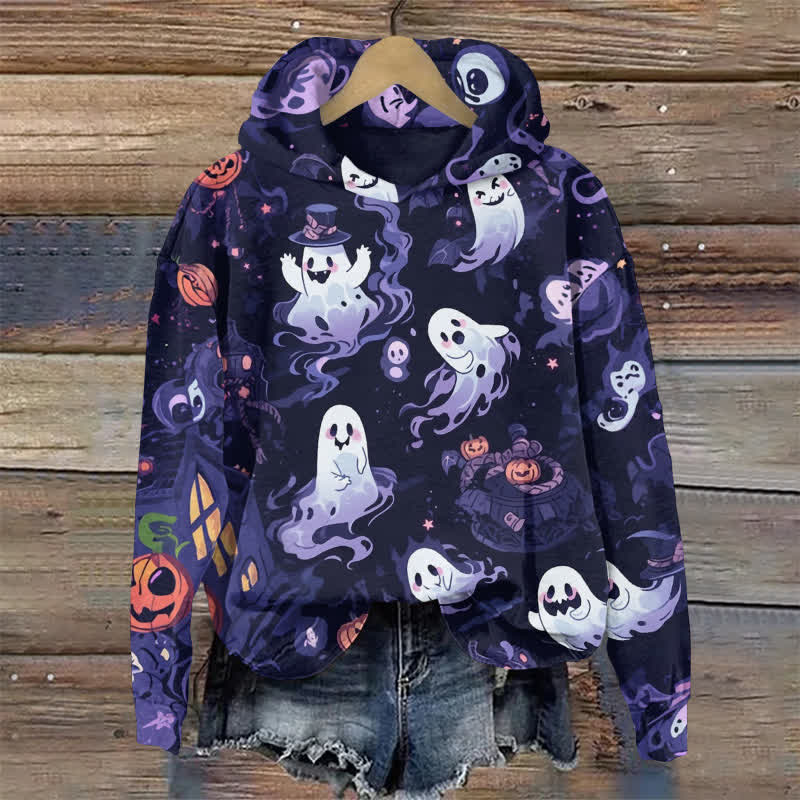 Funny Witch Ghost Halloween Print Long Sleeve Hoodie - Purple - US44-46(8XL) - image 1